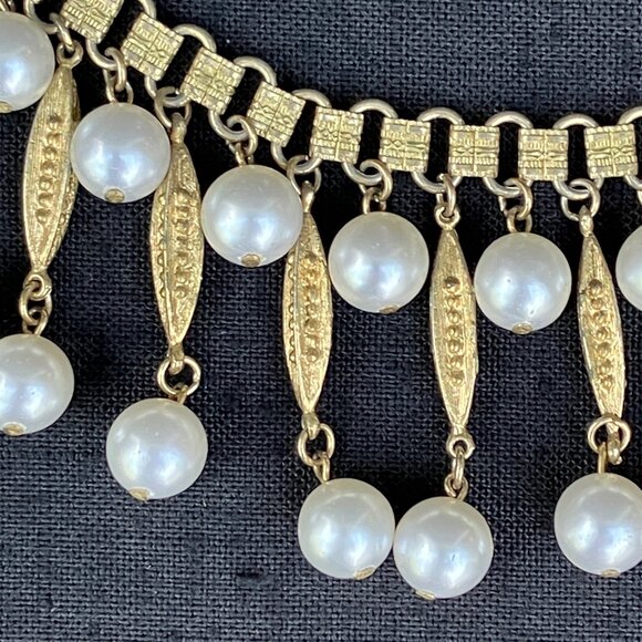 Coro Gold Tone Pearl Drop Waterfall Fringe Bib Necklace - signed - Picture 10 of 15